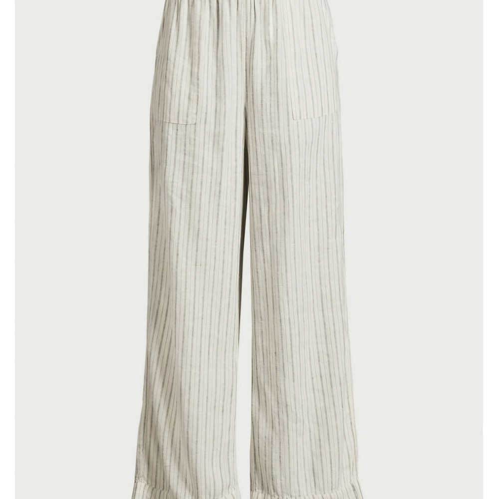 Neutral Striped Linen Wide-Leg Pants